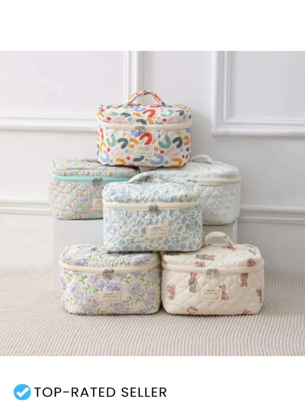 Large Quilted Floral Cotton Travel Cosmetic Bag Toiletry Organizer